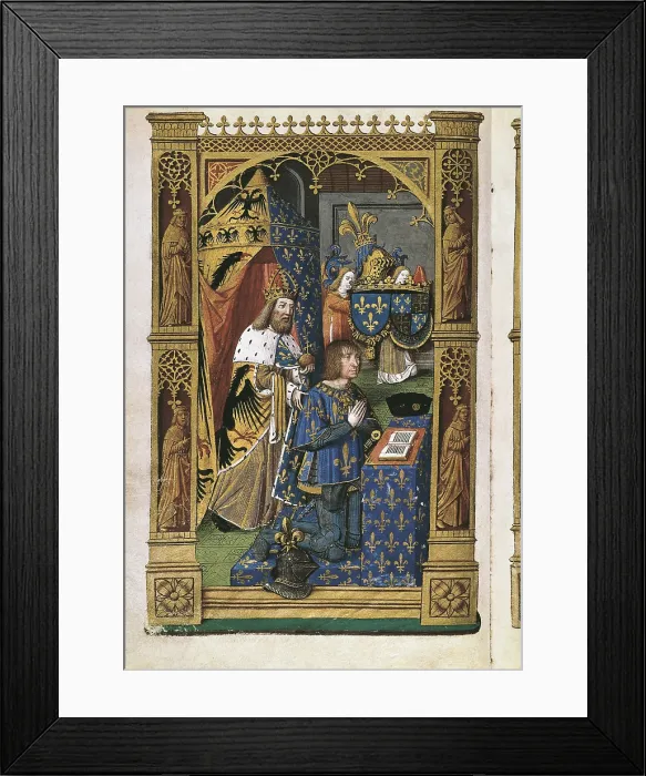 Framed Print : BESANON, Master Jacques de (end 15th century). Book of Hours of Charles VIII. ca. 1480-1498. Louis XII of France praying, protected by Charlemagne. Flemish art Framed Print : BESANON, Master Jacques de (end 15th century). Book of Hours of Charles VIII. ca. 1480-1498. Louis XII of France praying, protected by Charlemagne. Flemish art