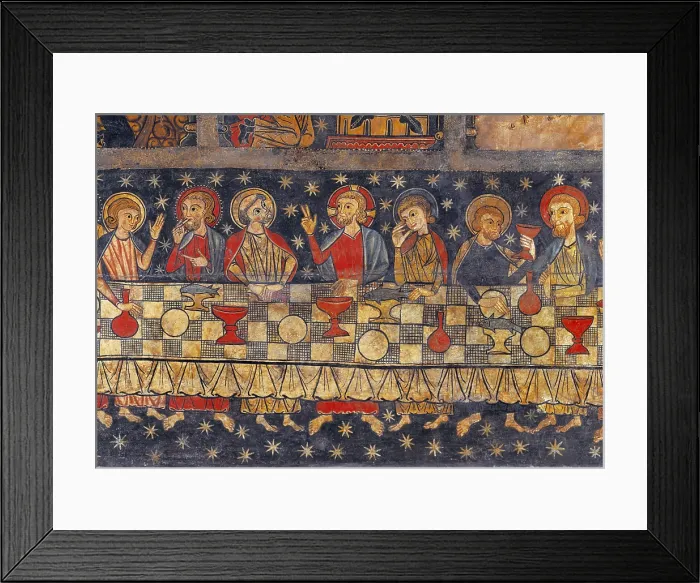 Framed Print : SORIGUEROLA, Master of (half 13th century)). Panel of Saint Michael. end 13th c. Lower detail of the Last Supper. Romanesque art. Tempera on wood. SPAIN. Barcelona Framed Print : SORIGUEROLA, Master of (half 13th century)). Panel of Saint Michael. end 13th c. Lower detail of the Last Supper. Romanesque art. Tempera on wood. SPAIN. Barcelona