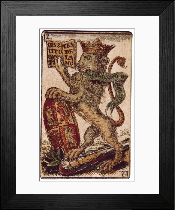 Framed Print : Commemorative card of the Spanish constitution of 1812. Deck of cards designed by Simon Ardit and Quer, 1822. Xylography. SPAIN. Vitoria. Fournier de Naipes Museum of Alava Framed Print : Commemorative card of the Spanish constitution of 1812. Deck of cards designed by Simon Ardit and Quer, 1822. Xylography. SPAIN. Vitoria. Fournier de Naipes Museum of Alava