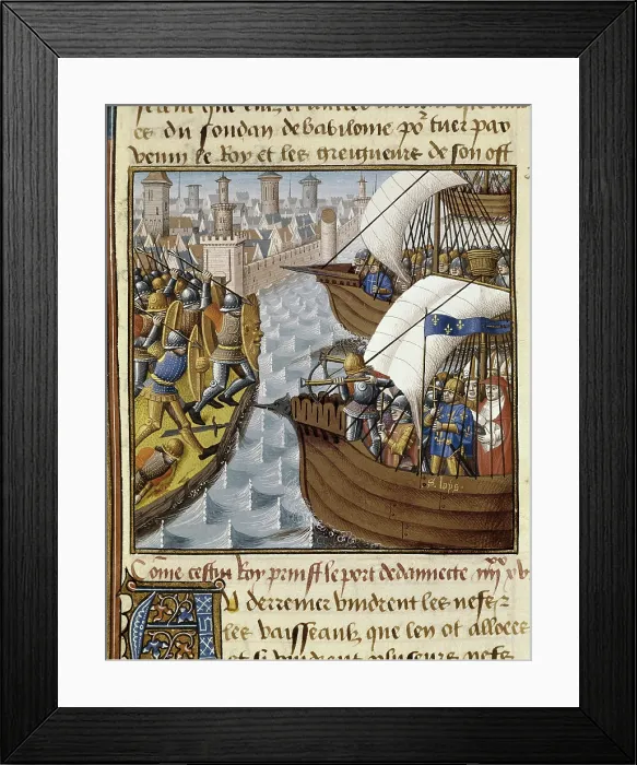 Framed Print : VINCENT of BEAUVAIS (1190-1264). Speculum historiale. ca. 1460. Seventh Crusade. The Crusaders fleet in front of the coast of Damietta in 1249