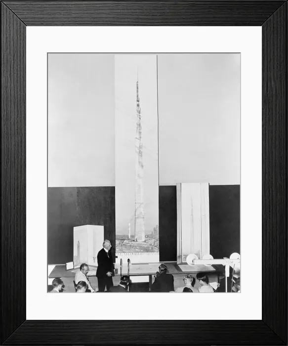 Framed Print : Frank Lloyd Wright (1867-1959), American architect and others were dwarfed by 22 foot high drawing of THE ILLINOIS, a 528 story building. The mile high skyscraper was never built Framed Print : Frank Lloyd Wright (1867-1959), American architect and others were dwarfed by 22 foot high drawing of THE ILLINOIS, a 528 story building. The mile high skyscraper was never built