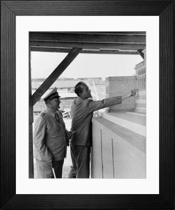 Framed Print : Albert Speer (1905-1981), Adolf Hitler's favored architect, pointing out details of an architectural model for Reichsmarschall ministry to Hermann Goring (1893-1946)