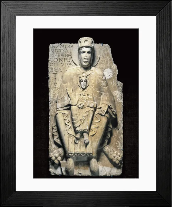 Framed Print : The Virgin and Child. Castilian school. 12th century. Marble high relief from the Monastery of San Benito de Sahagun (Leon, Spain). Romanesque art. Sculpture. SPAIN. Madrid