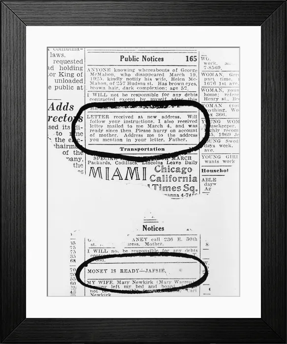 Framed Print : Lindbergh Baby kidnapping. Two notices in New York City newspapers attempted to pay the Lindbergh kidnappers the ransom money