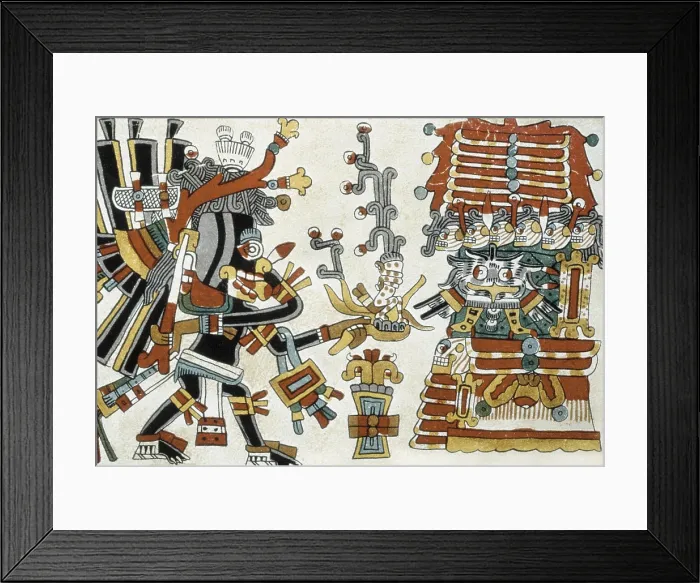 Framed Print : Codex Cospi. Circa 15th c. The god of darkness receiving offerings in his palace guarded by an owl. Ritual calendar ca. 15th century from Mixtec or Aztec culture Framed Print : Codex Cospi. Circa 15th c. The god of darkness receiving offerings in his palace guarded by an owl. Ritual calendar ca. 15th century from Mixtec or Aztec culture