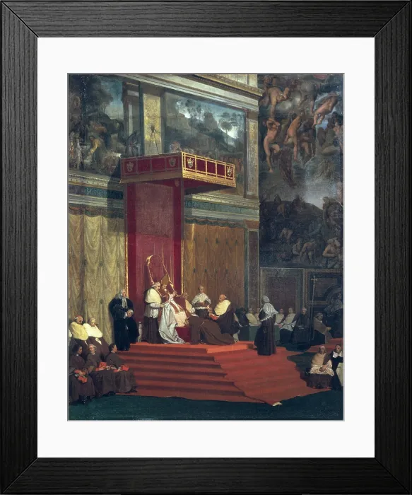 Framed Print : INGRES, Jean-Auguste-Dominique (1780-1867). Pope Pius VII in the Sistine Chapel. 1820. A Franciscan kisses the Feet of the Pope Pius VII before the beginning of the sermon