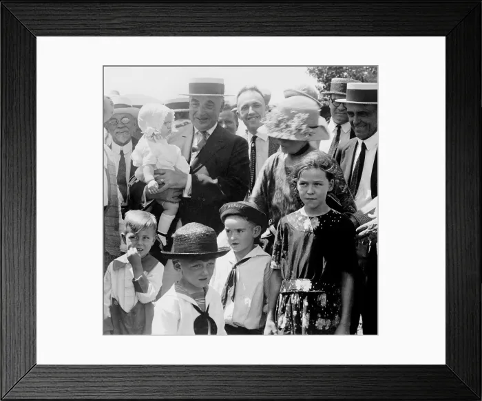 Framed Print : Warren G. Harding (1865-1923), holds the baby and talks to the farmers, Hutchinson, Kansas during his 1923 Western tour Framed Print : Warren G. Harding (1865-1923), holds the baby and talks to the farmers, Hutchinson, Kansas during his 1923 Western tour