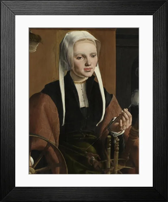 Framed Print : Anne Codde, wife of Pieter Gerritsz Bicker, by Maarten van Heemskerck, 1529, Dutch painting, oil on panel. Seated at a spinning wheel, which was a symbol of the virtuous woman
