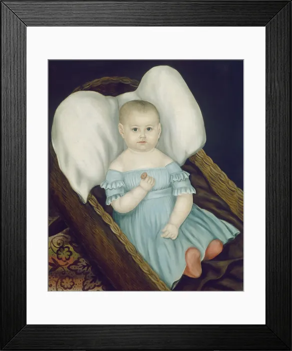 Framed Print : Baby in Wicker Basket, Joseph Whiting Stock, 1840, American Nave painting, oil on canvas