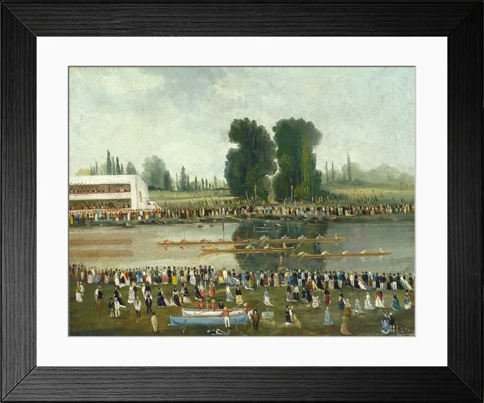 Framed Print : Rowing Scene: Crowds Watching from the River Banks, by E. Levy, c. 1880-99, French Nave painting, oil paint on wood (BSLOC_2016_6_112)