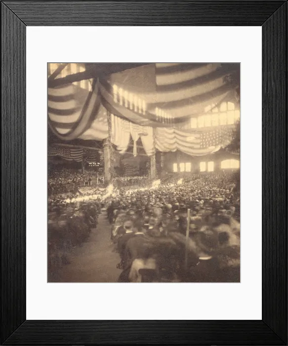 Framed Print : Interior view of a large convention hall filled with seated people. The 35-star flags decorating the hall allow the image to be dated as 1865
