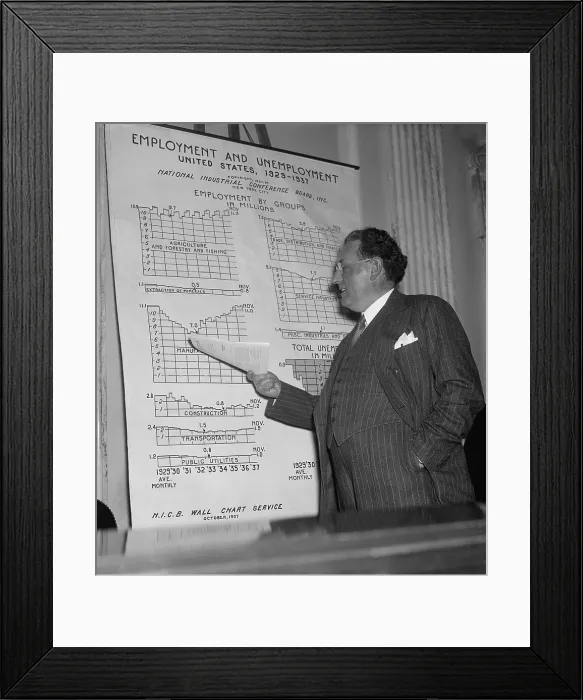 Framed Print : Economist Virgil Jordan with charts about Great Depression unemployment