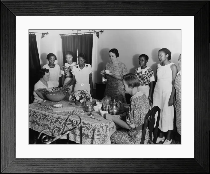 Framed Print : African American girls in a WPA training program, ca. 1937. At a National Youth Administration event, they serve a tea for the Phoenix Recreation Dept Framed Print : African American girls in a WPA training program, ca. 1937. At a National Youth Administration event, they serve a tea for the Phoenix Recreation Dept