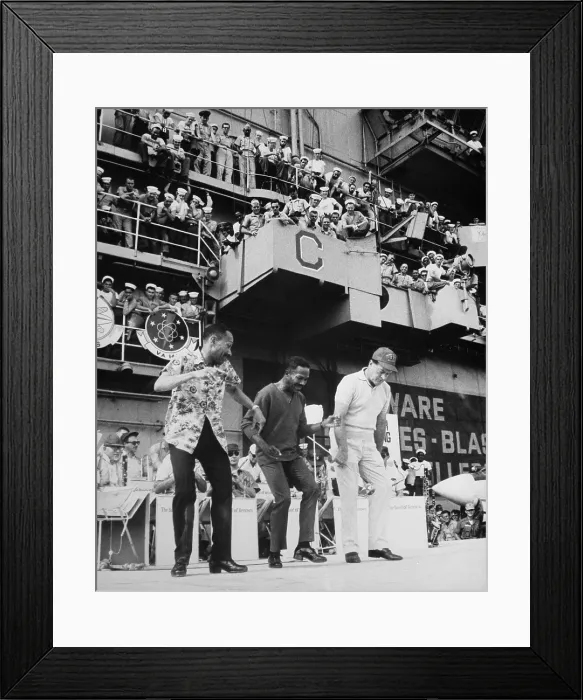 Framed Print : USO entertains troops in Vietnam. The Nicholas Brothers, Fayard and Harold, dance with Bob Hope on the USS Ticonderoga. Dec. 22, 1966