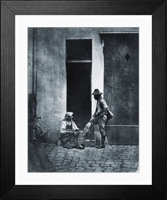 Framed Print : Early heliogravure photo by Frenchman Charles Negre, of a fife player talking to Italian peasant women, seated in courtyard in Paris. Ca. 1855