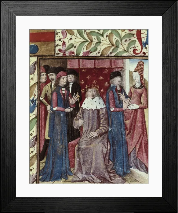 Framed Print : Everard de Espinques's 'Tristan and Iseult', written by Gassien de Poiters. Page from the third volume, with Jean Du Mas weapons Framed Print : Everard de Espinques's 'Tristan and Iseult', written by Gassien de Poiters. Page from the third volume, with Jean Du Mas weapons