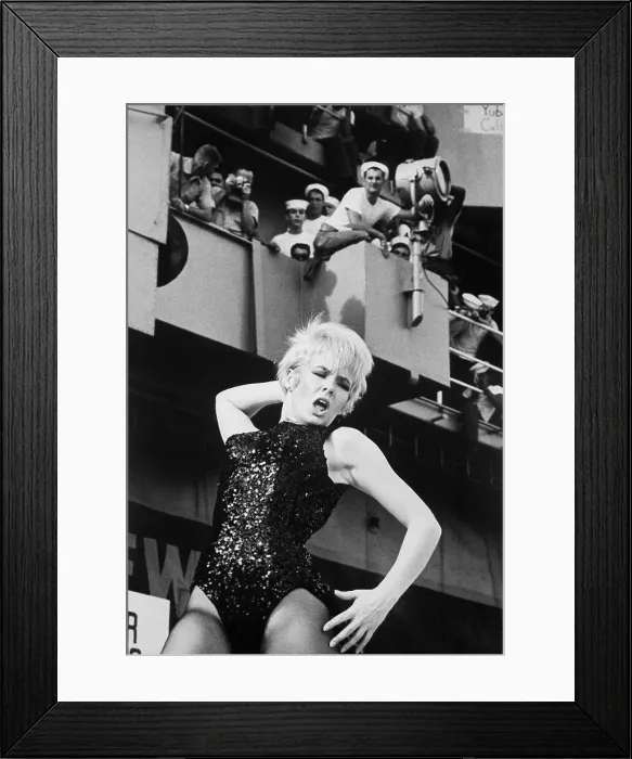 Framed Print : USO entertains sailors on the USS Ticonderoga in Vietnam. Joey Heatherton rocks out with the Watusi, Frug, Shimmy, and Twist, during the Bob Hope Show. Dec. 27, 1965