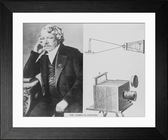 Framed Print : Louis Daguerre (1787-1851), with an illustration of the camera he invented. Ca. 1840