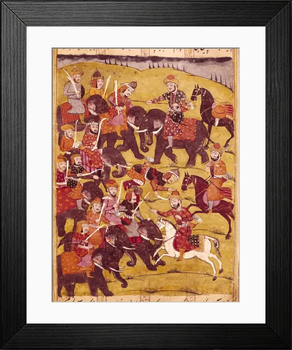 Framed Print : Shahnameh. The Book of Kings. 16th c. Scene depicting a battle with several elephants. Miniature Painting. EGYPT. Cairo. National Library