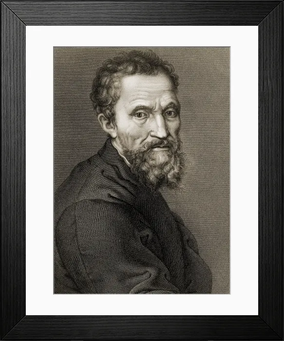Framed Print : Michelangelo Buonarroti (1475-1564), Italian Renaissance painter, sculptor and architect. 19th century engraving by Jean Louis Potrelle after Michelangelo self portrait of ca Framed Print : Michelangelo Buonarroti (1475-1564), Italian Renaissance painter, sculptor and architect. 19th century engraving by Jean Louis Potrelle after Michelangelo self portrait of ca