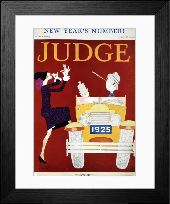 Framed Print : 1925 New Year's cover of JUDGE magazine epitomizes the Roaring Twenties. Men and women travel in cars without chaperones, while they smoke, drink, and wear gaudy makeup