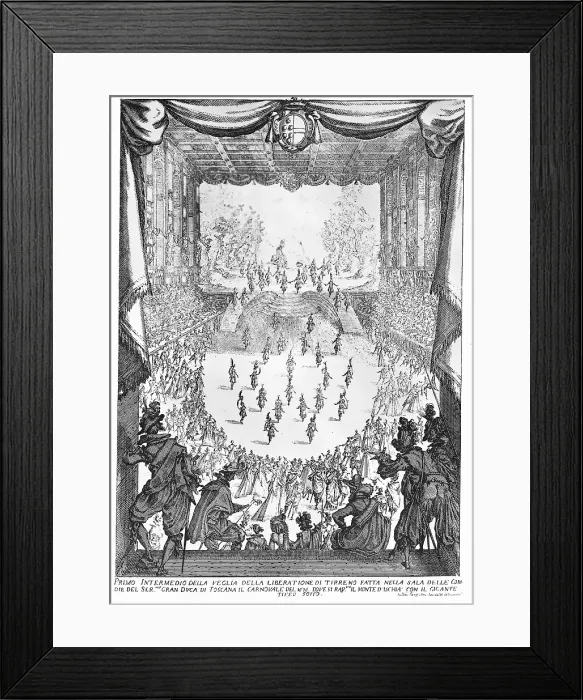 Framed Print : La Liberazione di Tirenno e D'Arnea. Theater play by Andrea Salvatore. Engraving by Hacques Callot. Engraving