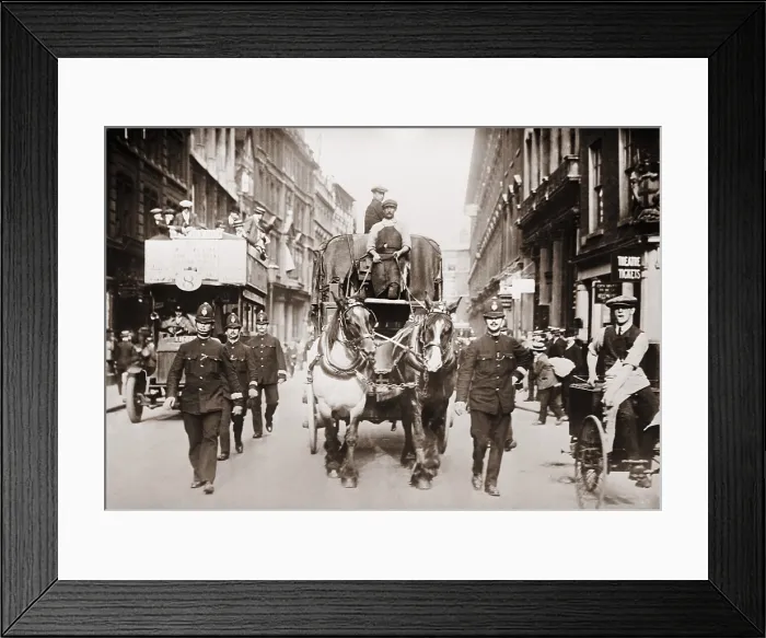 Framed Print : Truck under police protection during a London strike, ca. 1910-15