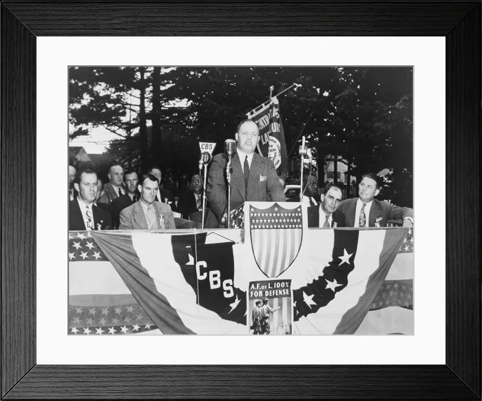 Framed Print : George Meany (1894-1980) speaking into microphones at the Labor Day exercises held by the Nassau-Suffolk AFL (American Federation of Labor) organization, Uniondale