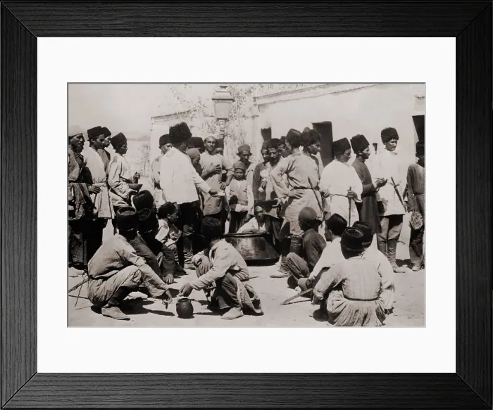 Framed Print : Persian Cossack Brigade, Russian styled elite Iranian military unit, shown at mealtime, ca. 1910