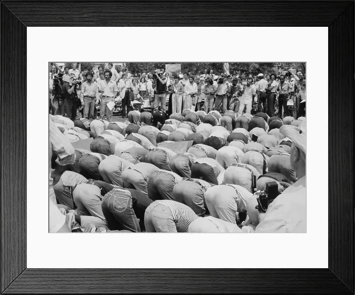Framed Print : Iranian men bow in prayer during demonstration for Khomeini in Washington, D.C. during the 1979 Hostage Crisis. August 7, 1980