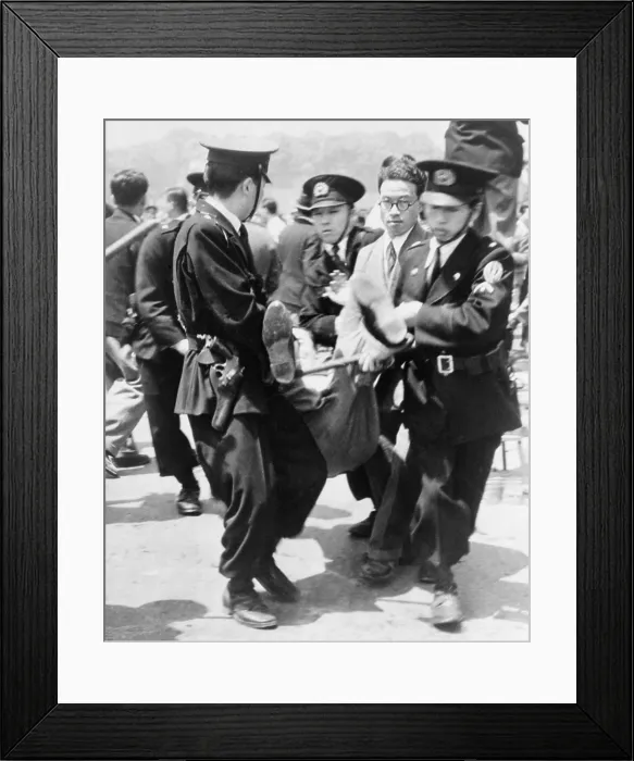 Framed Print : Japanese police hauling away a demonstrator during the 4th anniversary constitution day ceremony at the Imperial Palace plaza, Tokyo, Japan. 1951