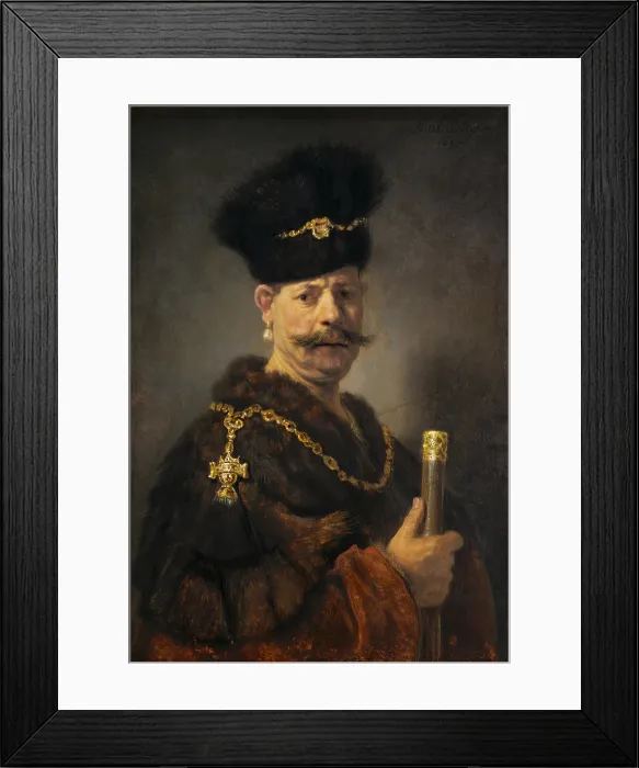 Framed Print : A Polish Nobleman, by Rembrandt van Rijn, 1637, Dutch painting, oil on panel. This is a costume portrait, and may even be a Rembrandt self-portrait
