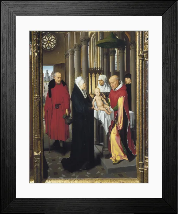Framed Print : MEMLING, Hans (1433-1494). Triptych of the Adoration. The Presentation in the Temple. c. 147o. Right panel. International gothic. Tempera on wood. SPAIN. Madrid. Prado Museum Framed Print : MEMLING, Hans (1433-1494). Triptych of the Adoration. The Presentation in the Temple. c. 147o. Right panel. International gothic. Tempera on wood. SPAIN. Madrid. Prado Museum