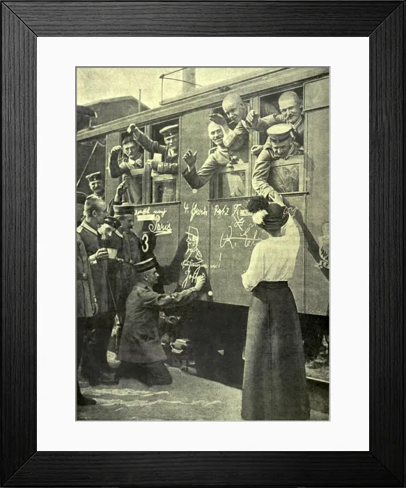 Framed Print : World War 1. German soldiers on a train bound for the Western Front in the first days of the war Framed Print : World War 1. German soldiers on a train bound for the Western Front in the first days of the war