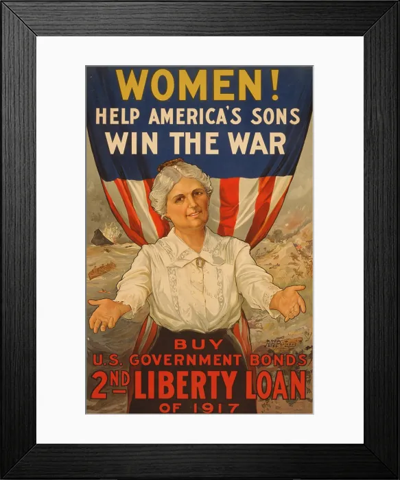 Framed Print : World War 1 poster for the 2nd Liberty Loan of 1917. Poster reads, Women! Help America's sons win the war--Buy U.S. Government Bonds. (BSLOC_2012_4_28)