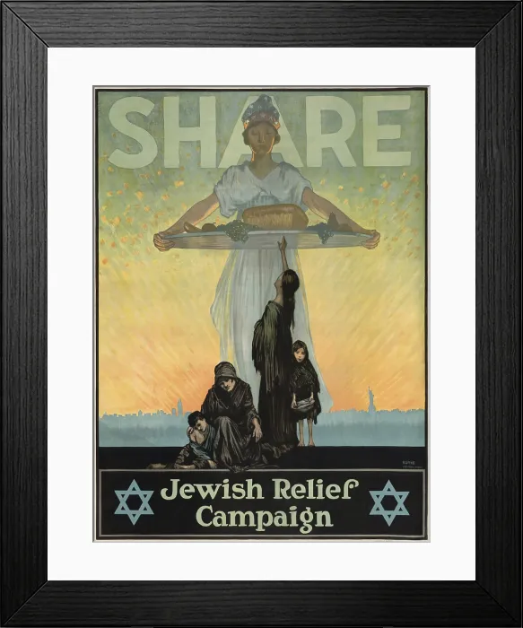 Framed Print : Share. Jewish Relief Campaign. World War 1 poster. 1917. The Campaign raised funds to help the Jewish populations of eastern Europe and the Middle East during World War I