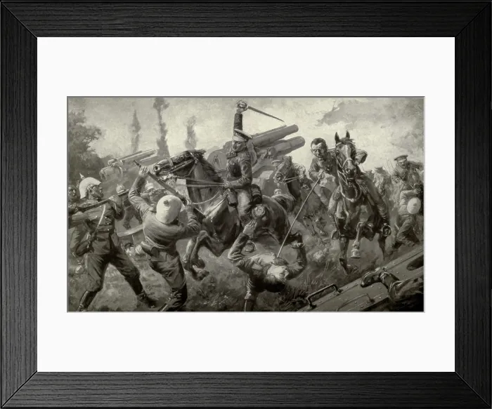 Framed Print : World War 1. Charge of the Ninth Lancers during the Great Retreat from Mons to Cambrai attacking a German battery of eleven guns. August 25, 1914