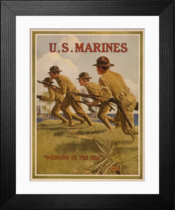 Framed Print : World War 1. U.S. Marines recruiting poster showing marines in a landing party and described as Soldiers of the sea'. 1917-18. (BSLOC_2013_2_11)