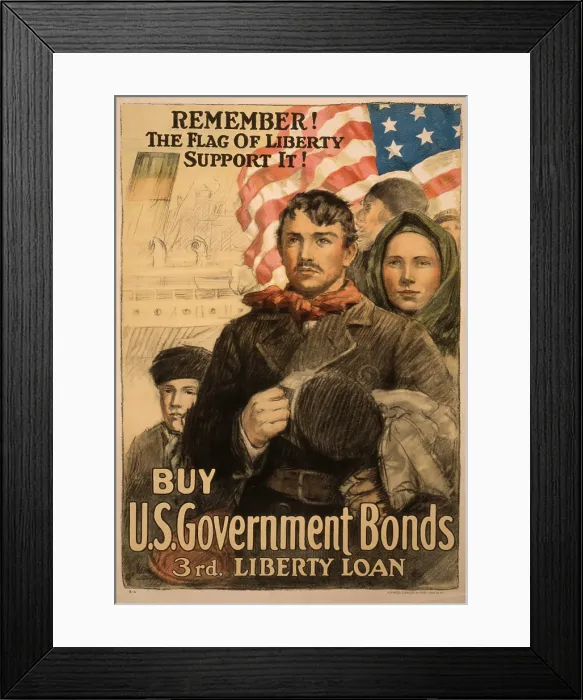 Framed Print : World War 1 poster urging immigrants to by Liberty Bonds in 1917. Poster reads, Remember! The flag of liberty--Support it! Buy U.S