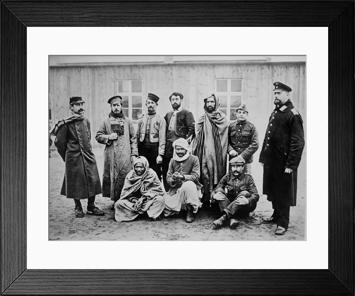 Framed Print : Allied POWs in a variety of uniforms at a prison camp in Zossen, Germany. 1914-15. Five solders in the center are from the Army of Africa Framed Print : Allied POWs in a variety of uniforms at a prison camp in Zossen, Germany. 1914-15. Five solders in the center are from the Army of Africa