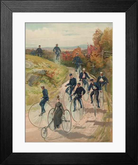 Framed Print : Cycling in the country. Several men on high rider bicycles and one woman on a three-wheel cycle ride on a dirt path in an autumn landscape. 1887. LC-DIG-pga-04039