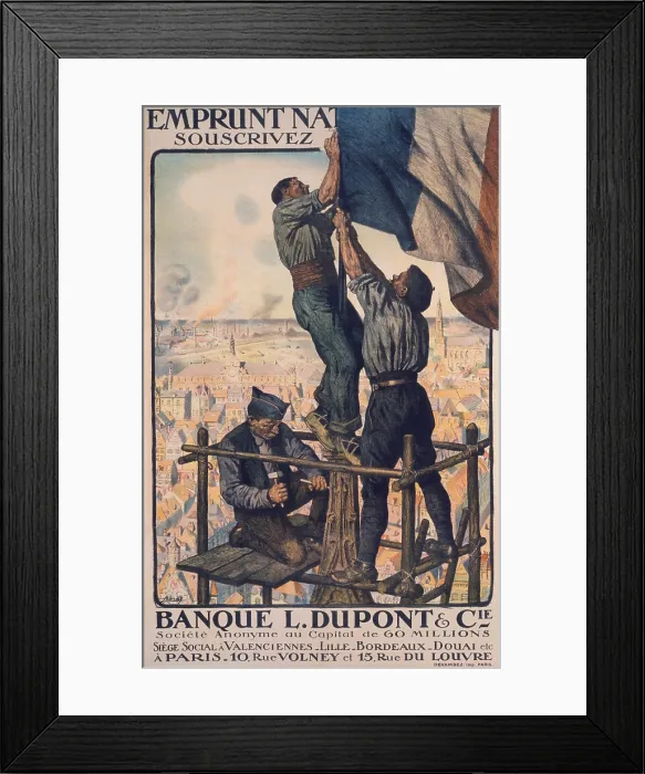 Framed Print : French Post-WW1 era poster urging subscription to the National Loan of 1920. Poster shows three men attaching a French flag to the top of a medieval spire. (BSLOC_2012_4_19)