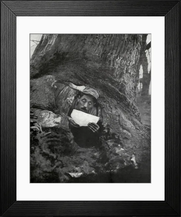 Framed Print : French WW1 soldier in a dugout tree reading a letter. 1916-17. He is near Monastir, on the Macedonia Front. (BSLOC_2012_4_2)