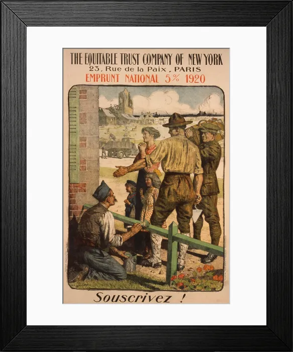 Framed Print : French Post-WW1 era poster urging subscription to the National Loan of 1920. Poster shows a French family looking at a house American soldiers have built. (BSLOC_2012_4_21) Framed Print : French Post-WW1 era poster urging subscription to the National Loan of 1920. Poster shows a French family looking at a house American soldiers have built. (BSLOC_2012_4_21)