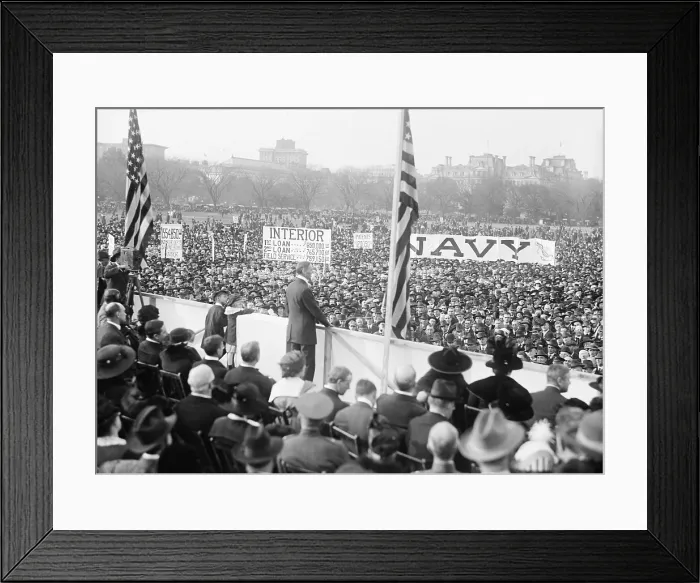 Framed Print : World War 1 Liberty Bond Rally in Washington, DC. 1917. Government Departments of Interior, Navy and Patent's Bureau display banners