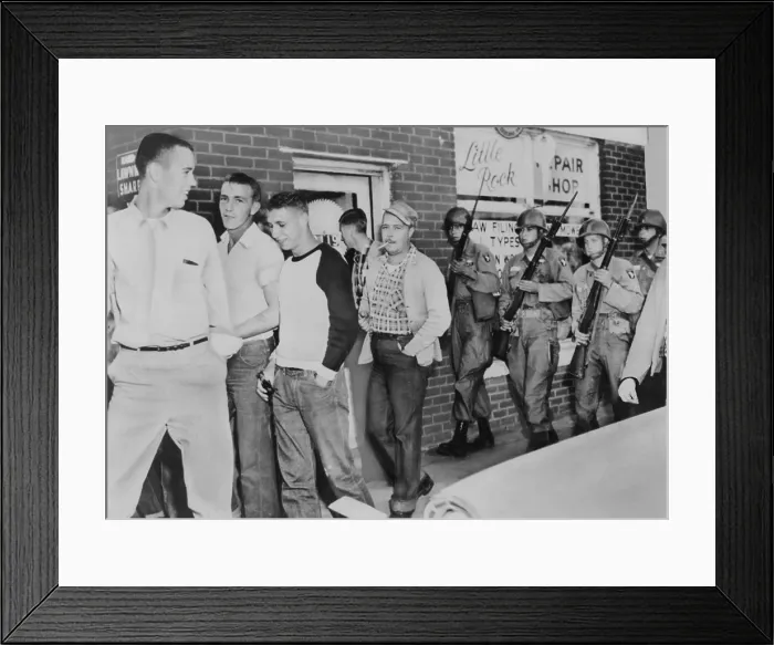 Framed Print : Troops of 101st Airborne Division move a crowd of White young men away from in front of Central High School in Little Rock, Arkansas. Sept.-Oct. 1957