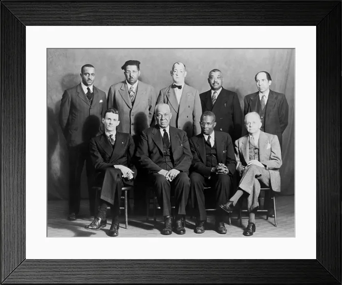 Framed Print : Five African American defendants and their NAACP counsel in Columbia, Tennessee Riot case. Seated L-R: Maurice Weaver, Julius Blair, Alexander Looby, and Walter White
