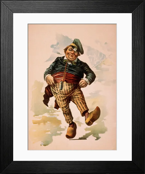 Framed Print : Dutchman dancing in wooden shoes with pipe. 1890's Theatrical poster Framed Print : Dutchman dancing in wooden shoes with pipe. 1890's Theatrical poster