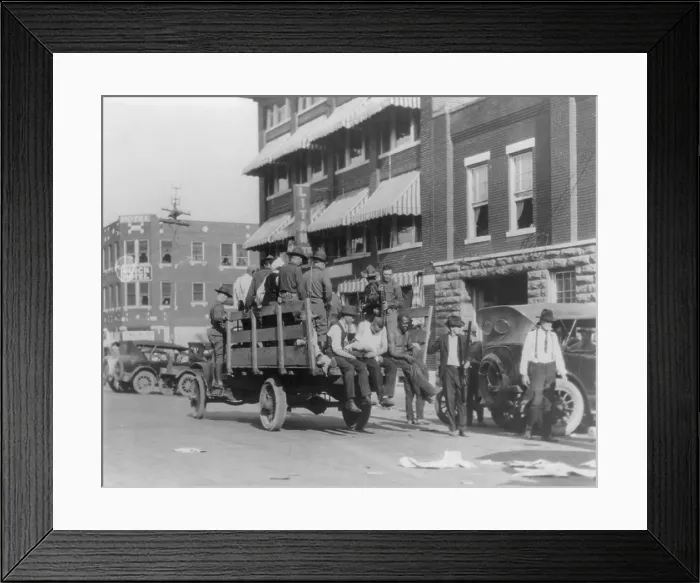 Framed Print : Truck on street near Tulsa, Oklahoma's Litan Hotel carrying soldiers and injured African Americans during race riot of June 1921. Tulsa suffered the worst race riot in U.S Framed Print : Truck on street near Tulsa, Oklahoma's Litan Hotel carrying soldiers and injured African Americans during race riot of June 1921. Tulsa suffered the worst race riot in U.S
