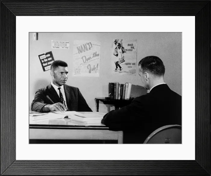 Framed Print : Medgar Evers, NAACP leader in Mississippi, being interviewed by Bill Peters. Peters (right) was an award-winning journalist who reported on the American civil rights movement